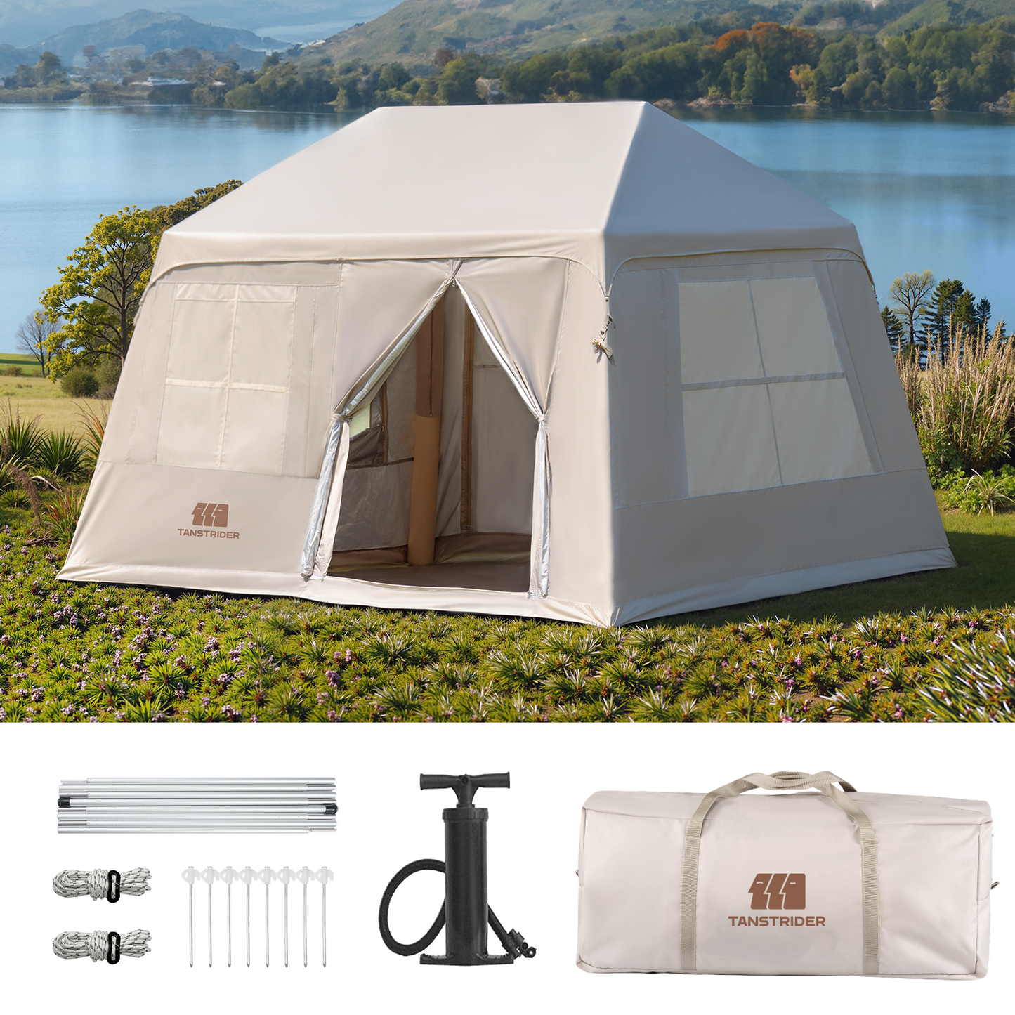 Cirro 6.0 Inflatable Cabin Tent with Canopy & Mat (Khaki/Silver Coated)