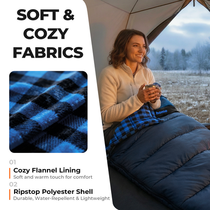 Plaidy Hooded Flannel Camping Sleeping Bag – Blue Plaid